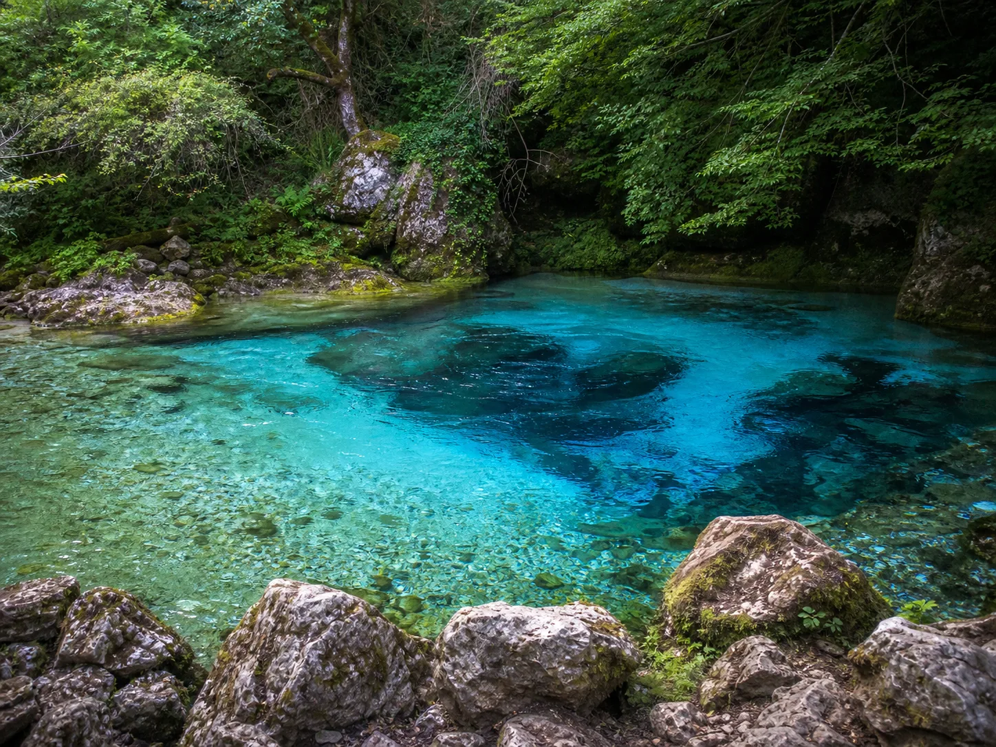 Crystal-clear spring in a rocky forest landscape with blue-green water.