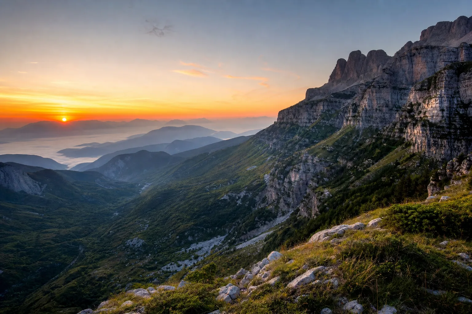 Sunrise over dramatic mountain ridges and deep valleys in northern Albania.