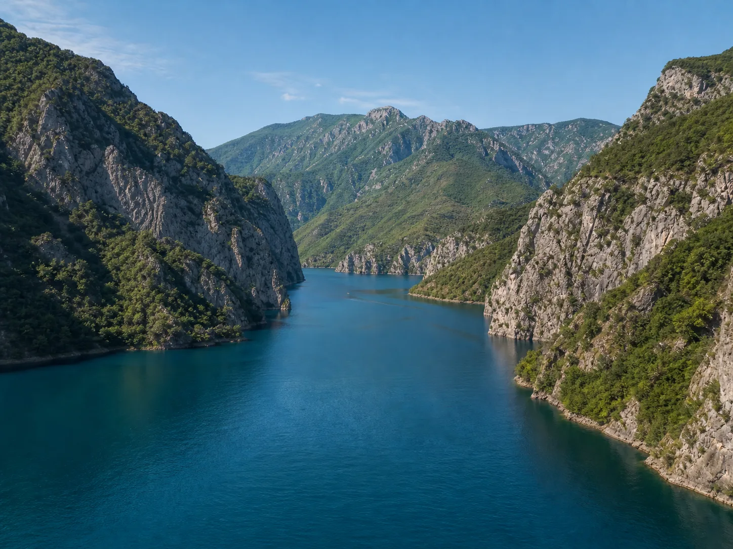 Blue mountain lake surrounded by steep cliffs and layered peaks.
